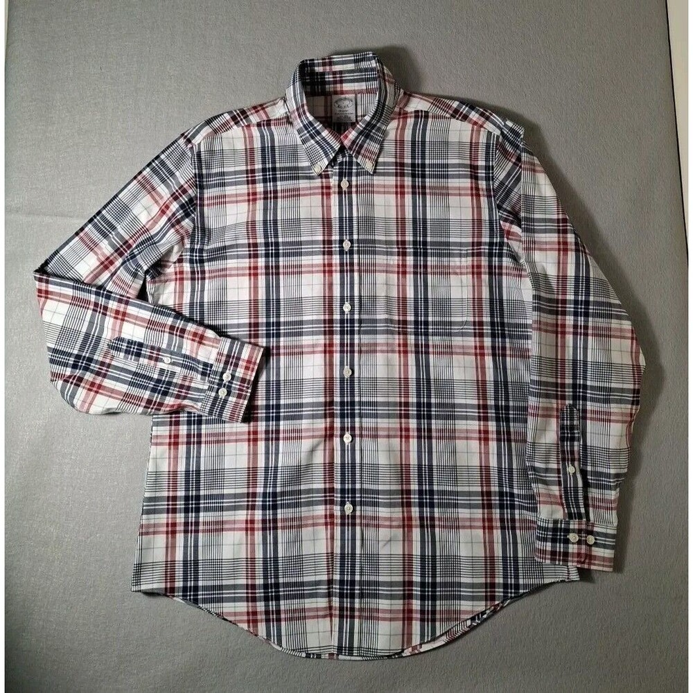 Brooks Brothers L Regent Blue White Red Plaid Dress Shirt  Long Sleeve Men USA